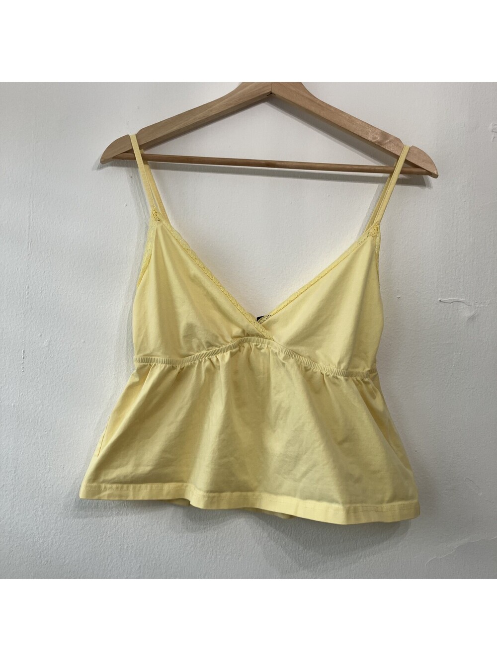 Y2K Butter Yellow Babydoll Lace Trim Crop Tank Top 90s Coquette Fairy Medium